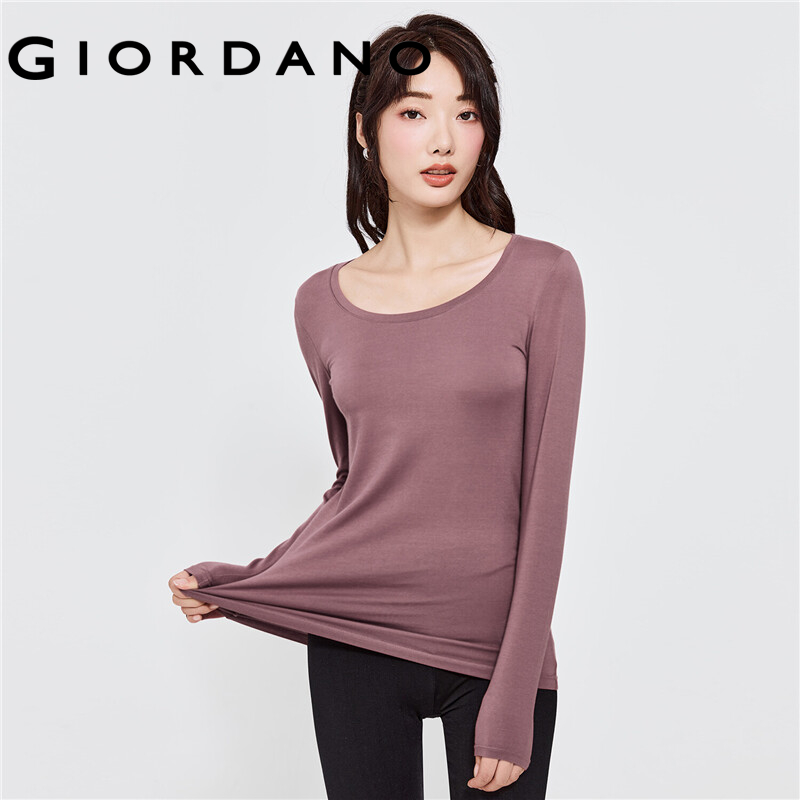 GIORDANO Women T-Shirts G-Warmer Stretchy Lightweight Thermal Tee Crewneck Solid Color Simple Warm Casual Baselayer Tee 05512601