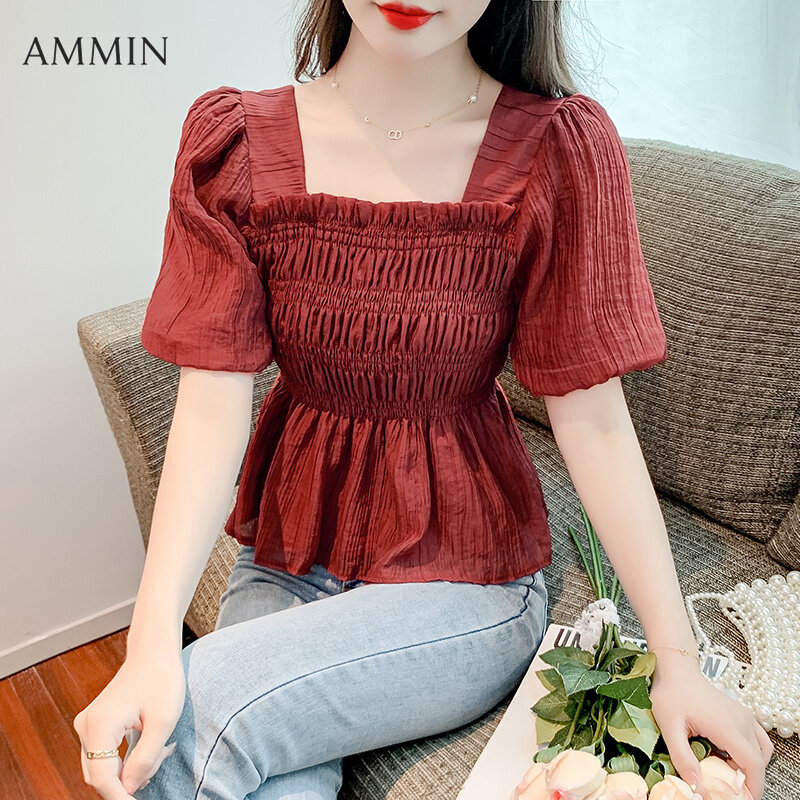 AMMIN 2022 summer new retro temperament square neck puff sleeve chiffon shirt Korean style fashion temperament waist thin chiffon Top doll shirt casual blouse For women