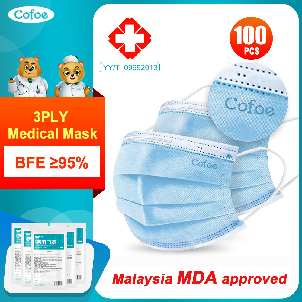 Cofoe 100pcs 3 Ply Disposable Medical Face Mask Anti-virus Anti-fog Non Woven Masks with Elastic Earloop Dustproof 3 Layer Protective Cover Facemask for Adult- CE/MDA approved