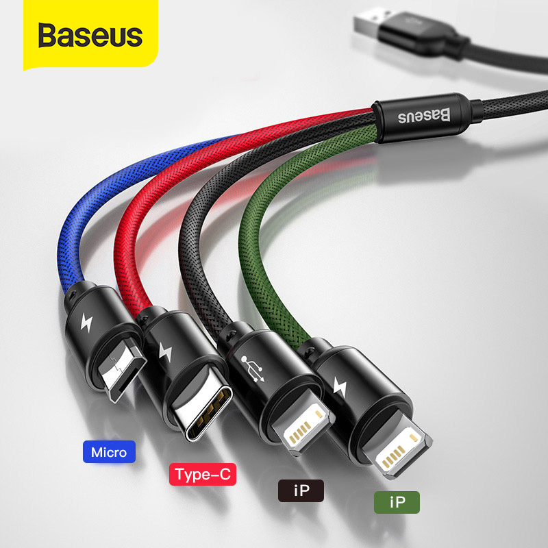 Baseus 4 in 1 USB Cable IP+Micro USB+Type-C Port For iphone 14 13 Pro Max 12 XS XR Samsung S10 Xiaomi 10 Fast Charging Data Cable