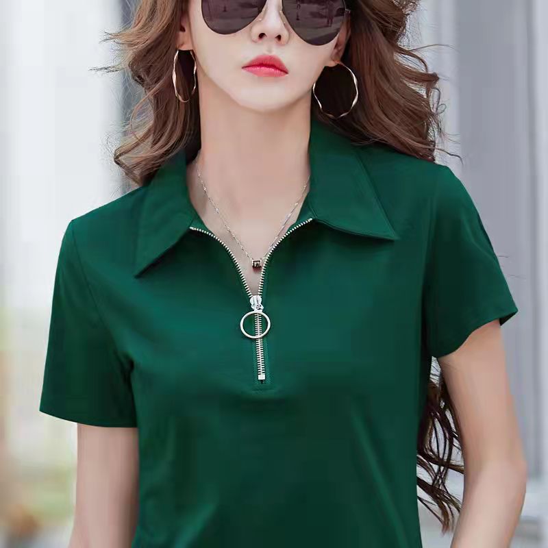 100% Cotton Lapel Short Sleeve Women T-shirt Korean Style Green Zipper V neck Shirt Female Casual Sport Cotton Polo Shirt Fashion Plus Size Blouse 100KG Fat Women Can Wear