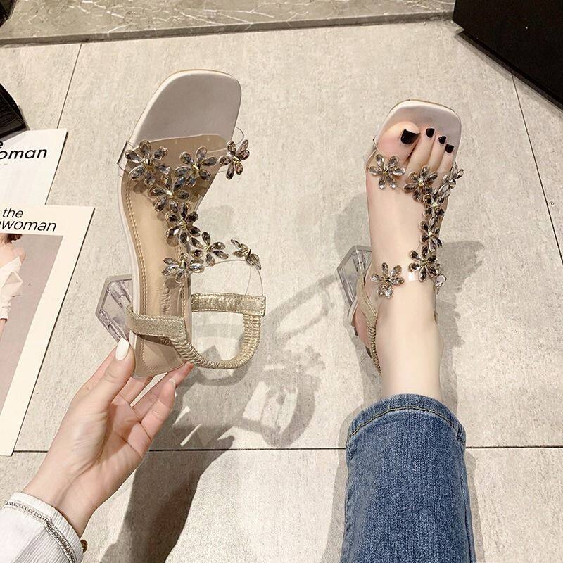 Fashion Bazaars Women Sandals Plus Size Korean Style Lady Fashion Floral Chunky Heel Middle Heels Summer Outdoor Casual Female Sandals