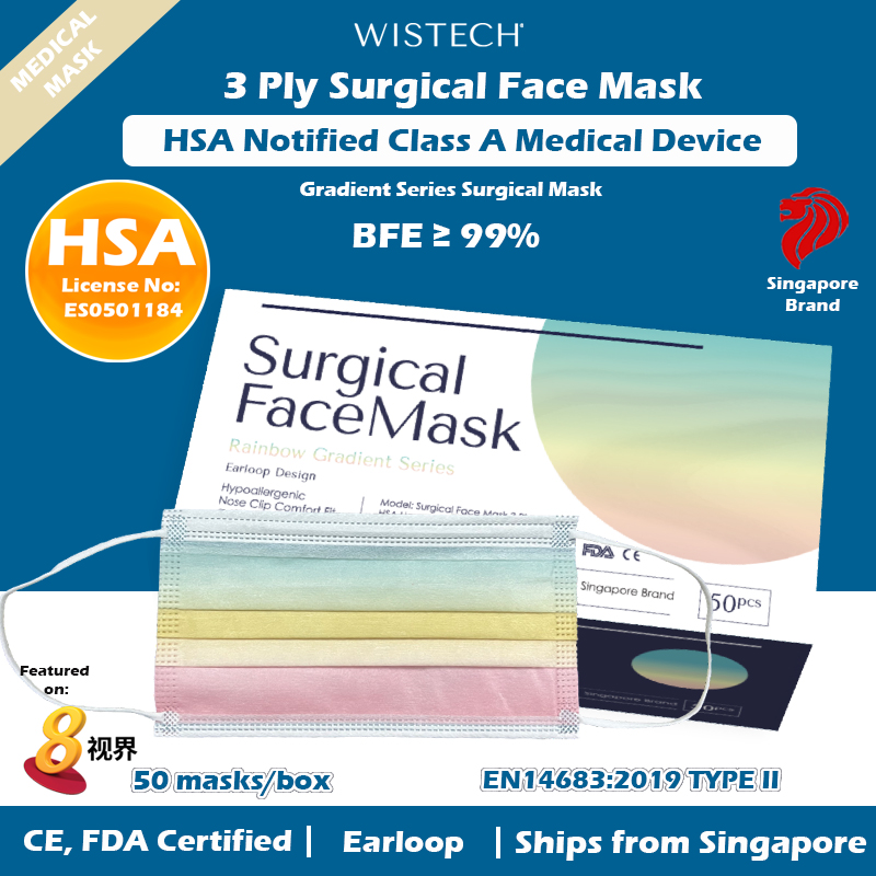 [GET %% OFF MIX AND MATCH] Ocean Blue Gradient Wistech 3 Ply Surgical Face Mask, 50 pieces, HSA Notified Medical Device, FDA CE Approved, BFE 99%, Singapore Local Stock