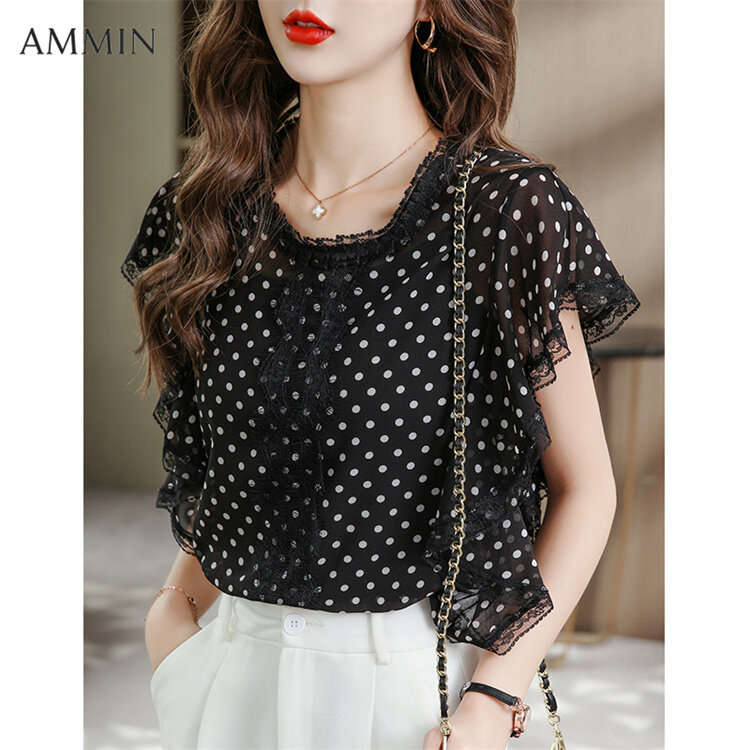 AMMIN Korean style women's short-sleeved polka-dot print lace chiffon shirt 2022 new loose fashion Western style flounce off-the-shoulder lace chiffon top