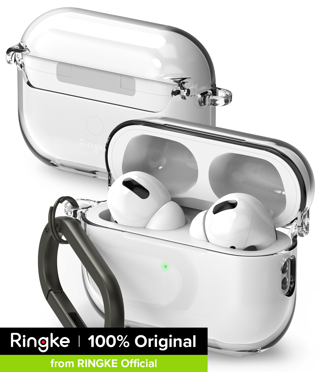 Ringke Hinge Compatible with AirPods Pro 2 Case 2nd Generation (2022), Transparent Hard Shell Protective Cover with Keychain Carabiner - Clear